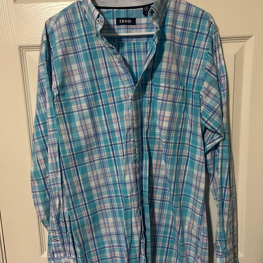 Izod Men's Turquoise and White Plaid Button Down Shirt